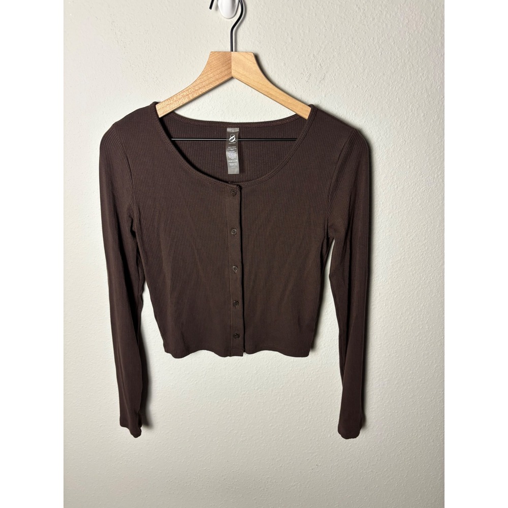 Lou & Grey Ribbed Chocolate Brown Cardigan Button Front Top Small S 753022
